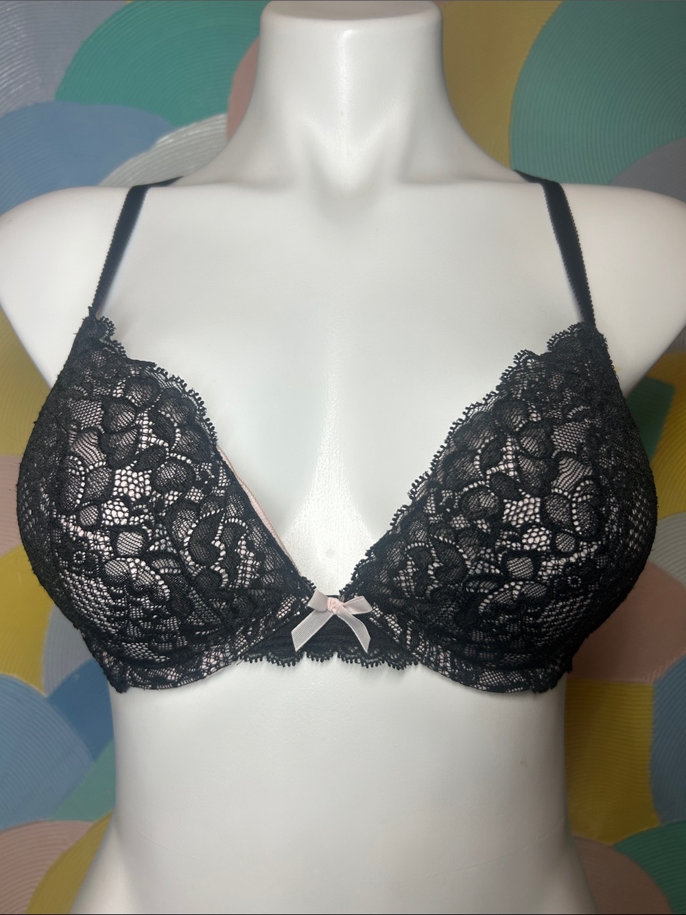 Victoria's Secret Black Lace Push-Up Bra with Pink Bow 34C
